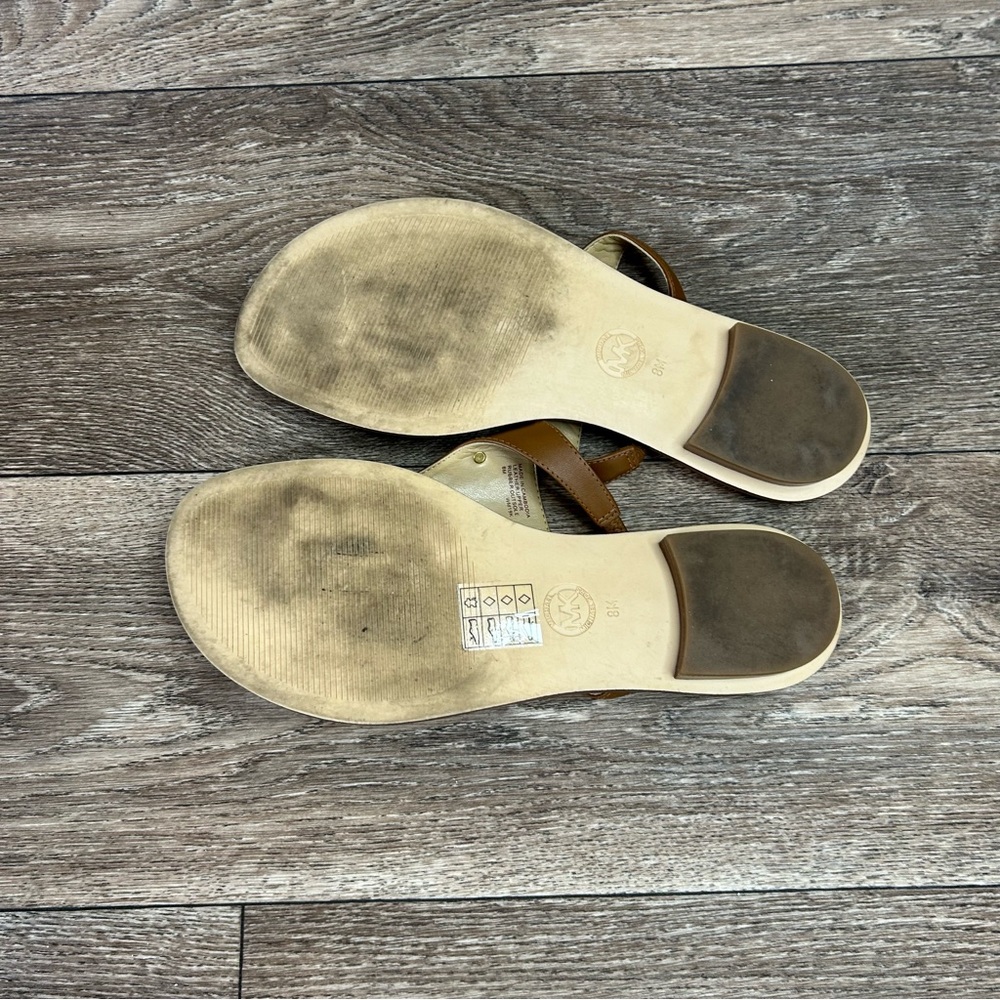 Michael Kors Womens 8 Congac Leather Gold MK Madellion Slip On Thong Sandals - Picture 11 of 11